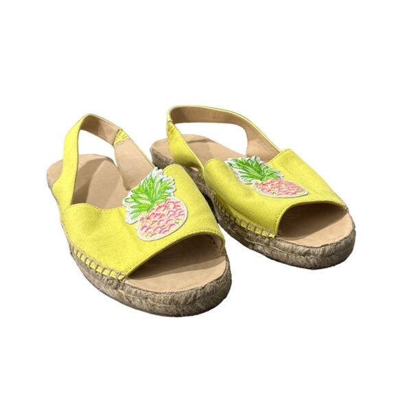 Lilly Pulitzer Women's Sz 8.5 Sandals Pineapple Canvas Flats Ankle Strap Yellow - Picture 1 of 10